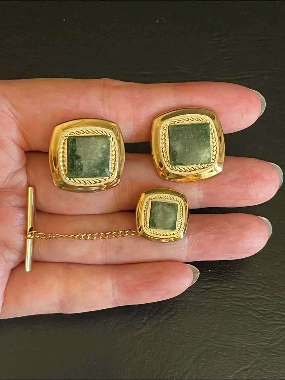 SWANK Gold-Tone Cufflinks and Tie Tack with Green jade Stone Centers